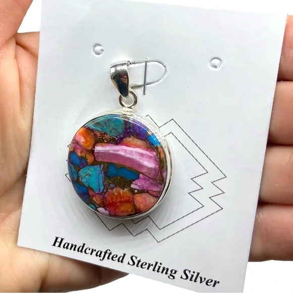 Kingman Pink Dahlia Turquoise Necklace Pendant Solid Sterling Silver 925 Western - Picture 6 of 7